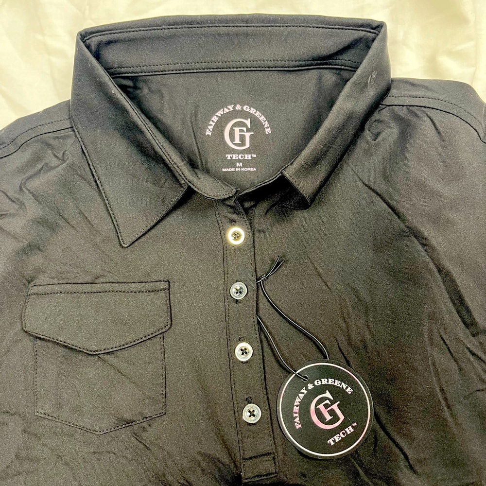 Fairway & Greene button down golf tech polo with small pocket.